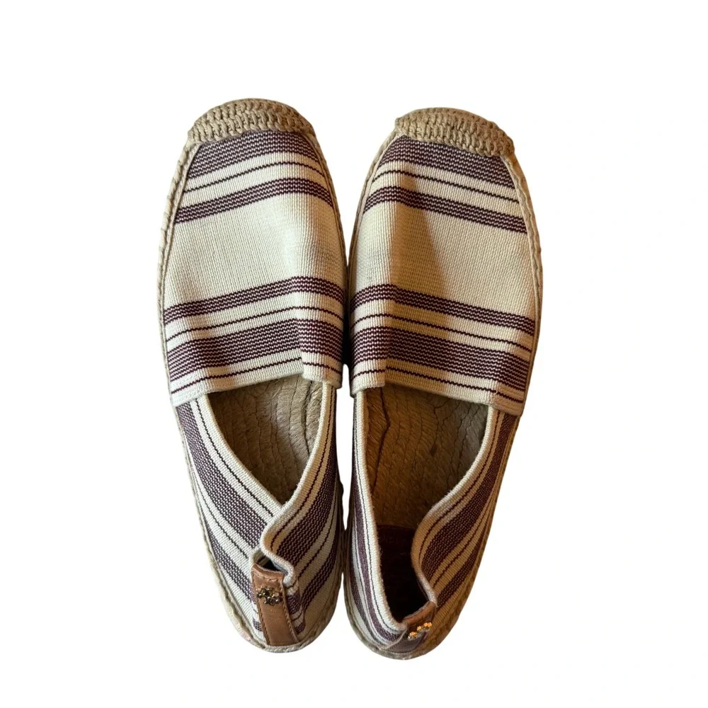 Tory Burch Striped Canvas Espadrille Flats Cream Burgundy Logo Size 7